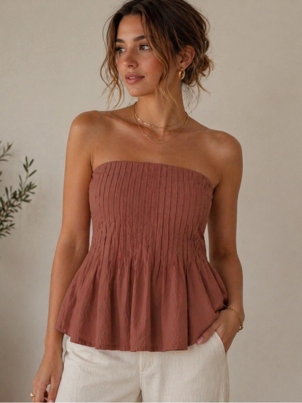 Commense Strapless Peplum Top Dusty Rose Pleated Boho Size L